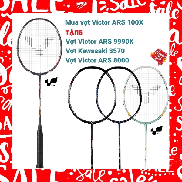 Combo Mua Vợt Cầu Lông Victor ARS 100X Tặng Vợt Victor ARS 9990K + vợt Victor ARS 8000 + vợt Kawasaki 3570