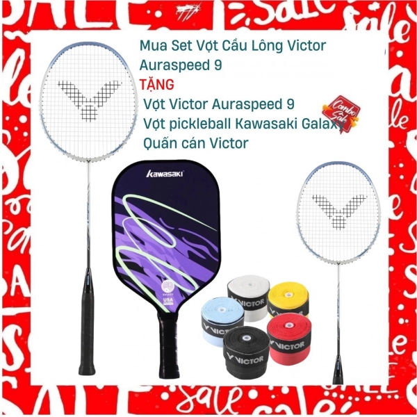 Combo mua vợt cầu lông Victor Auraspeed 9 tặng vợt Victor Auraspeed 9 + vợt pickleball Kawasaki Galaxy + quấn cán Victor