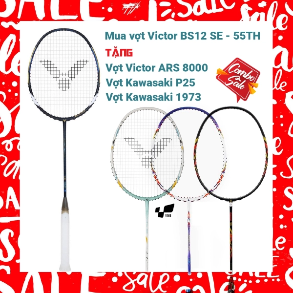 Combo Mua Vợt Cầu Lông Victor BS12 SE 55TH Tặng Vợt Victor ARS 8000 + Vợt Kawasaki P25 + Vợt Kawasaki 1973