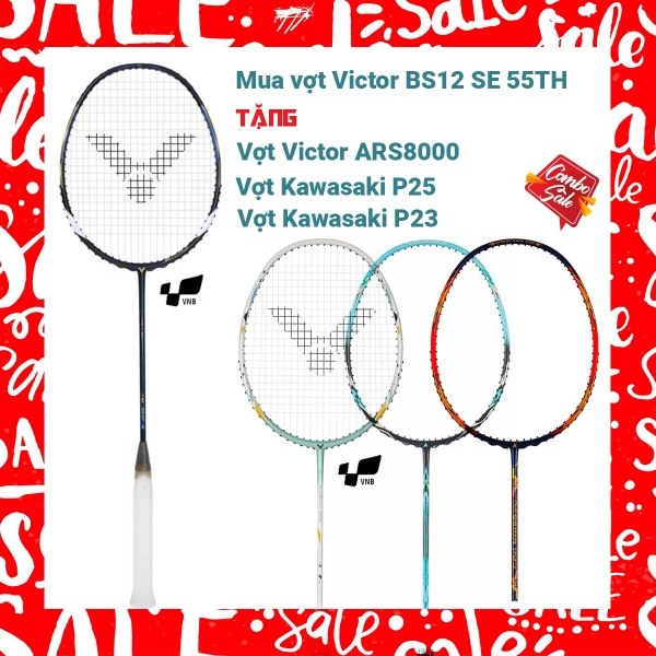 Combo Mua Vợt Cầu Lông Victor BS12 SE 55TH Tặng Vợt Victor ARS 8000 + Vợt Kawasaki P25 + Vợt Kawasaki P23