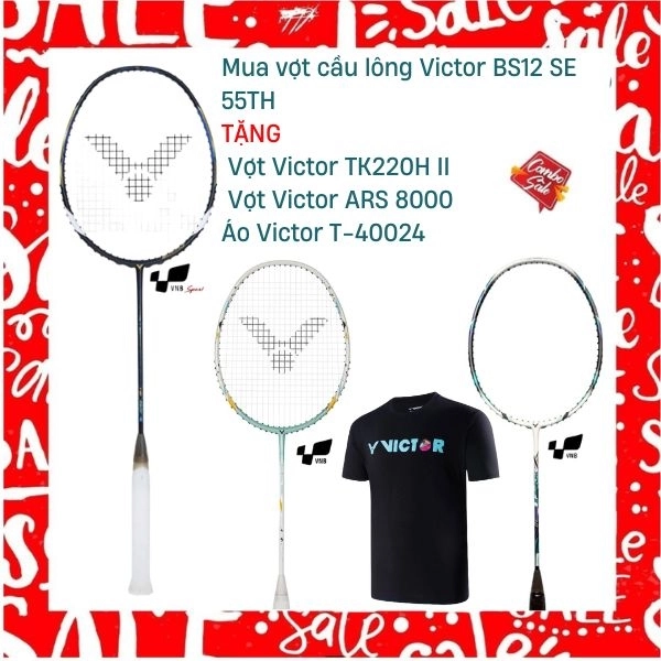 Combo Mua Vợt Cầu Lông Victor BS12 SE 55TH Tặng Vợt Victor ARS 8000 + Vợt Victor TK220H II + Áo Victor T-40024