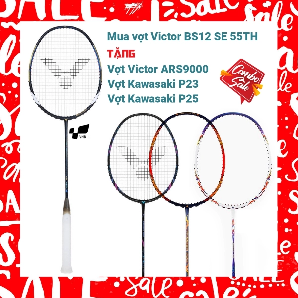 Combo Mua Vợt Cầu Lông Victor BS12 SE 55TH Tặng Vợt Victor ARS 9000 + Vợt Kawasaki P25 + Vợt Kawasaki P23