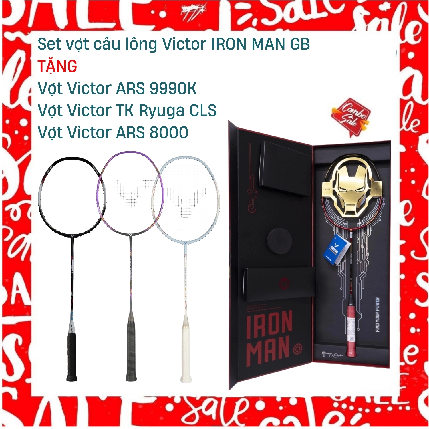 Combo Mua Set Vợt Cầu Lông Victor IRON MAN GB Tặng Vợt Victor ARS 9990K + Vợt Victor ARS 8000 + Vợt Victor TK Ryuga CLS