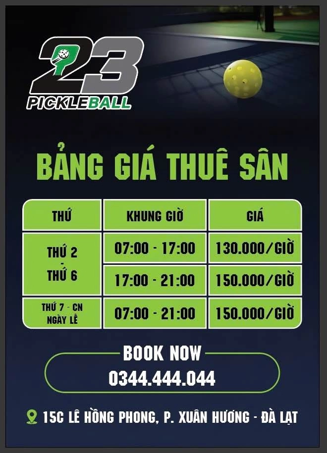 Bảng giá thuê sân 23 pickleball Lâm Đồng