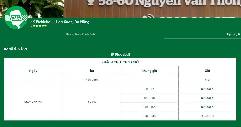Cập nhật bảng giá thuê sân 3k pickleball