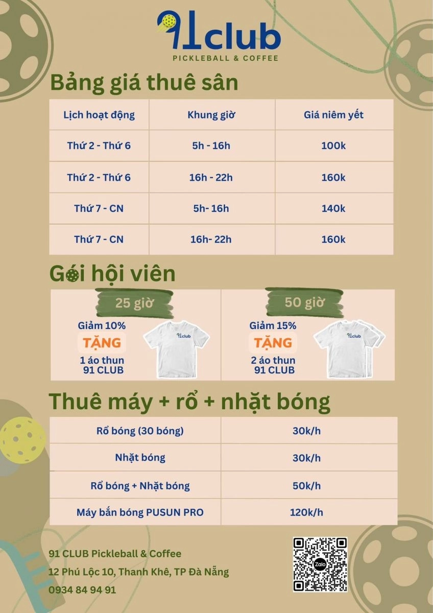 Bảng giá thuê sân 91Club Pickleball & Coffee Đà Nẵng