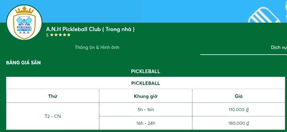 Giá thuê sân A.N.H Pickleball Club