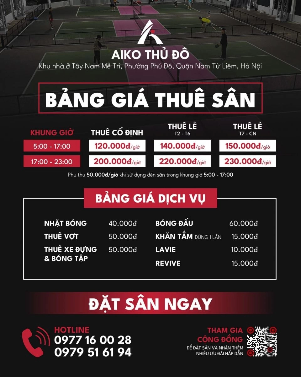 Giá thuê sân Aiko Pickleball Phú Đô