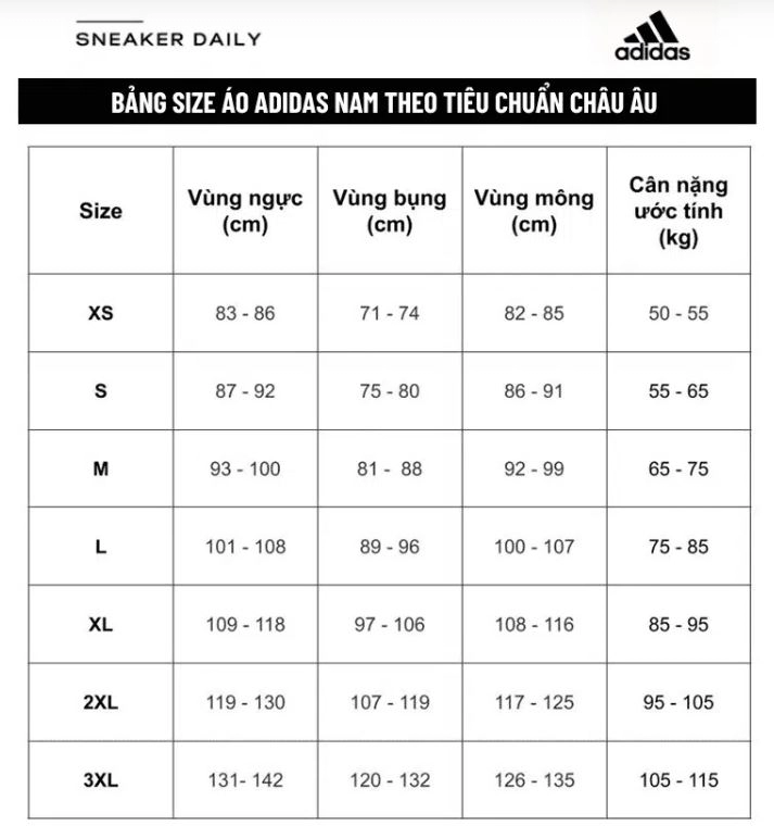 bảng size áo Pickleball Adidas cho nam 