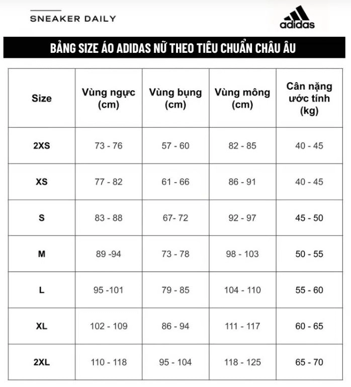 bảng size áo Pickleball Adidas cho nữ