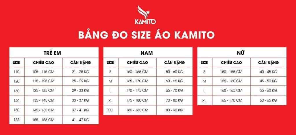 Bảng size áo Pickleball Kamito 