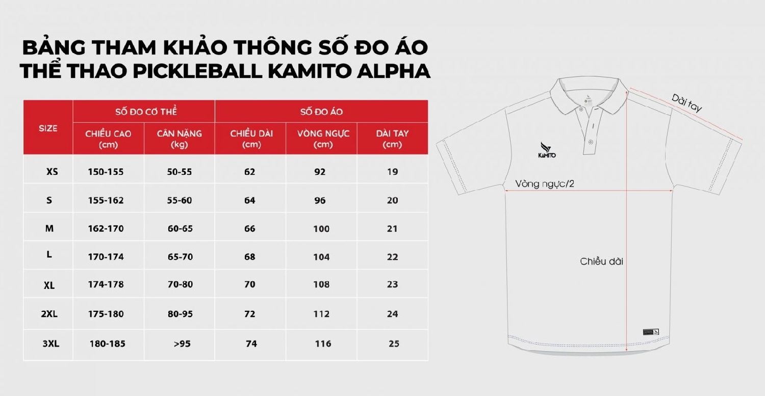 Bảng size Áo Pickleball Kamito Alpha V1