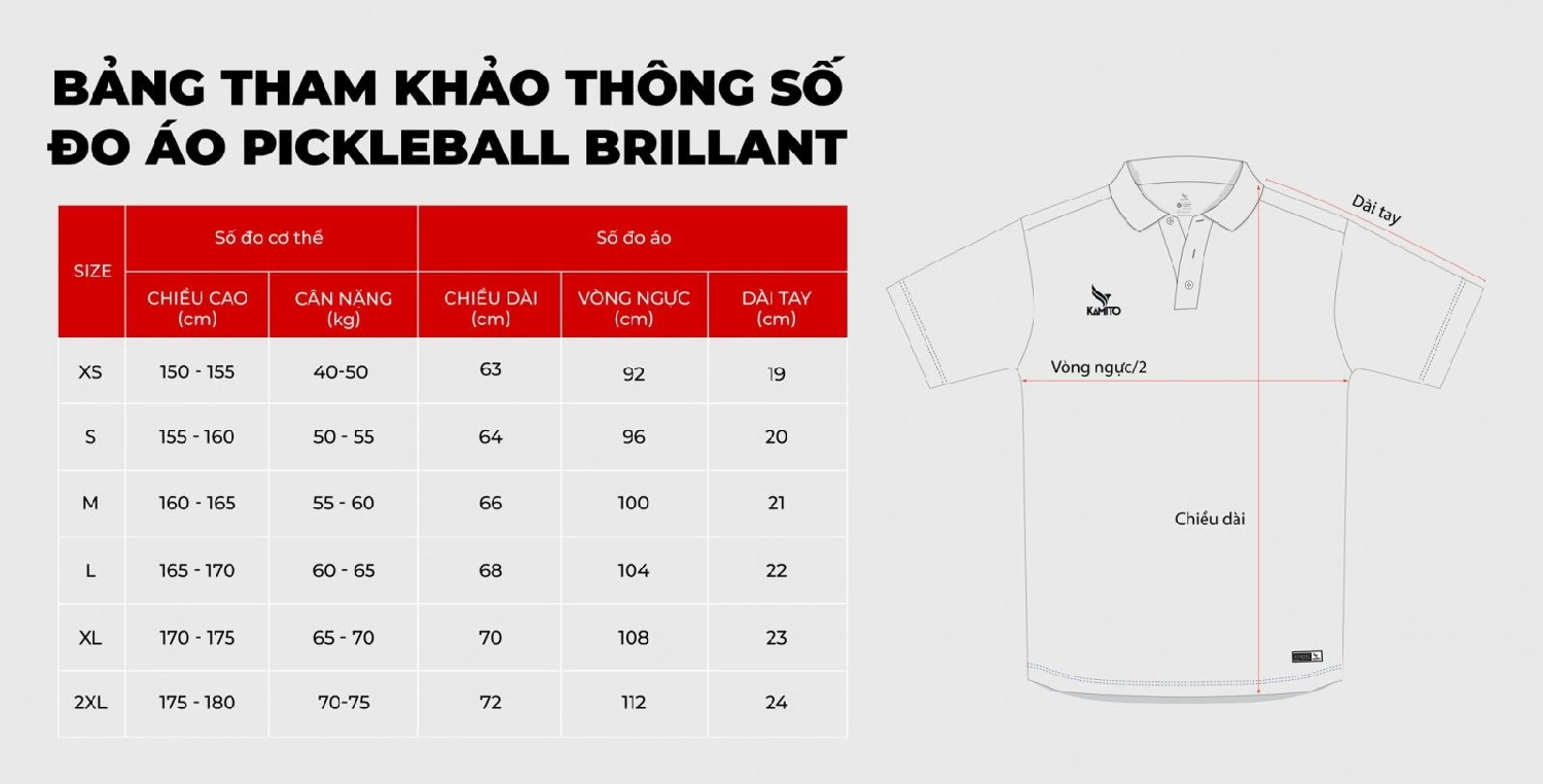 Bảng size Áo Pickleball Kamito Brillant V1
