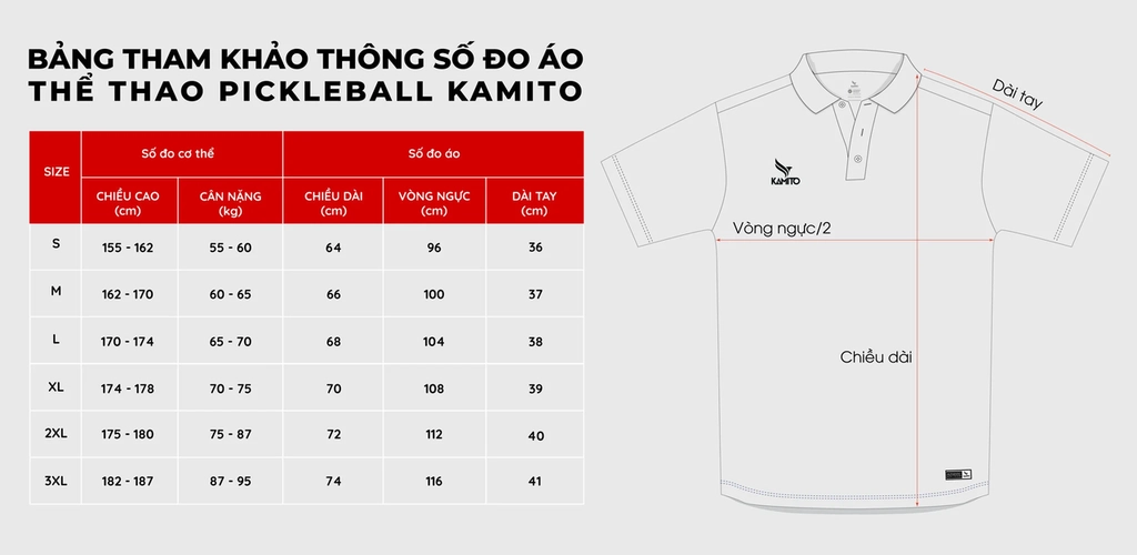 Bảng size Áo Pickleball Kamito Heart