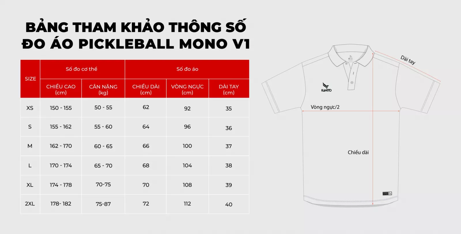Bảng size áo Pickleball Áo Polo Pickleball MONO V1