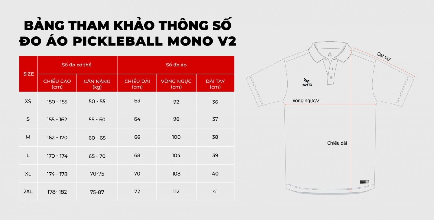 Bảng size Áo Pickleball Kamito Mono V2