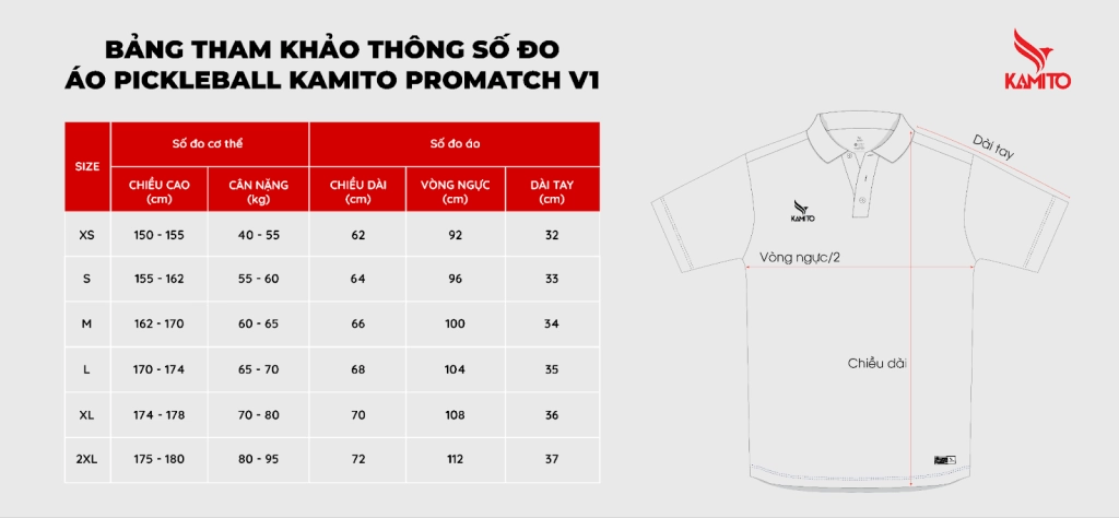Bảng size Áo Pickleball Kamito Promatch V1 KMAP241140 - Đen