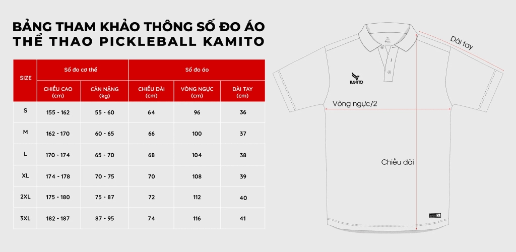 Bảng size Áo Pickleball Kamito Promatch V2