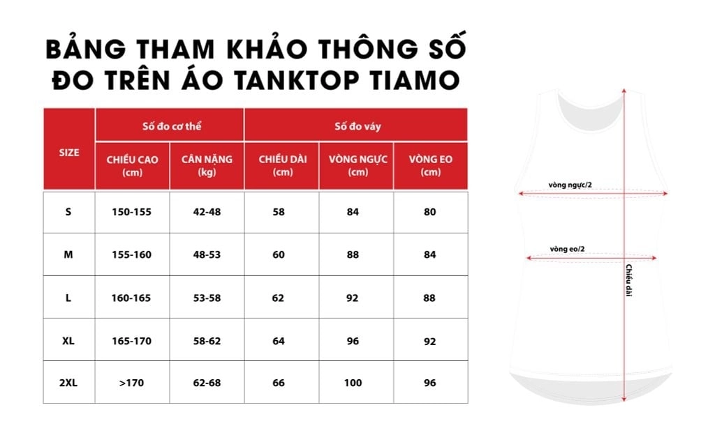 Bảng size Áo Pickleball Kamito Tiamo