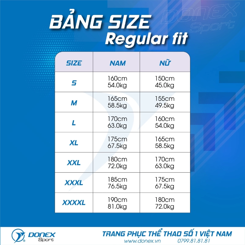 bảng size áo Tennis Donex Pro