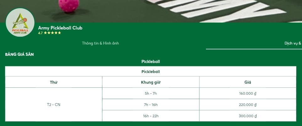 Cập nhật bảng giá thuê sân Army Pickleball Hồ Đắc Di