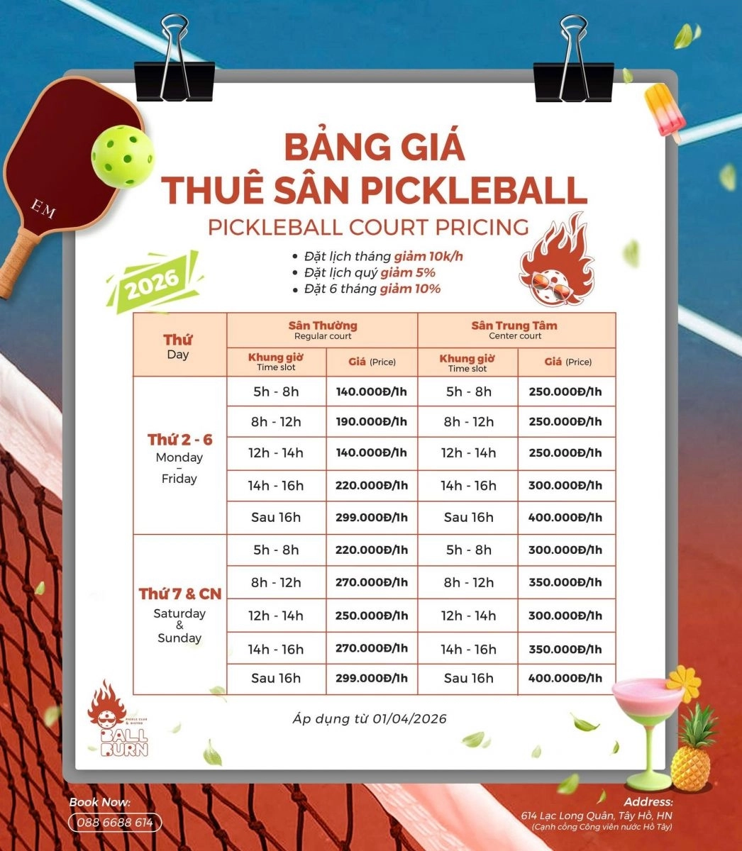 Bảng giá thuê sân Ballburn Pickleball cập nhật mới nhất