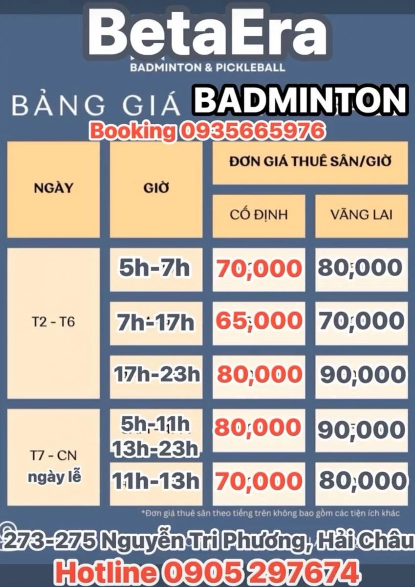 Giá thuê sân cầu lông tại Betaera Badminton & Pickleball Đà Nẵng
