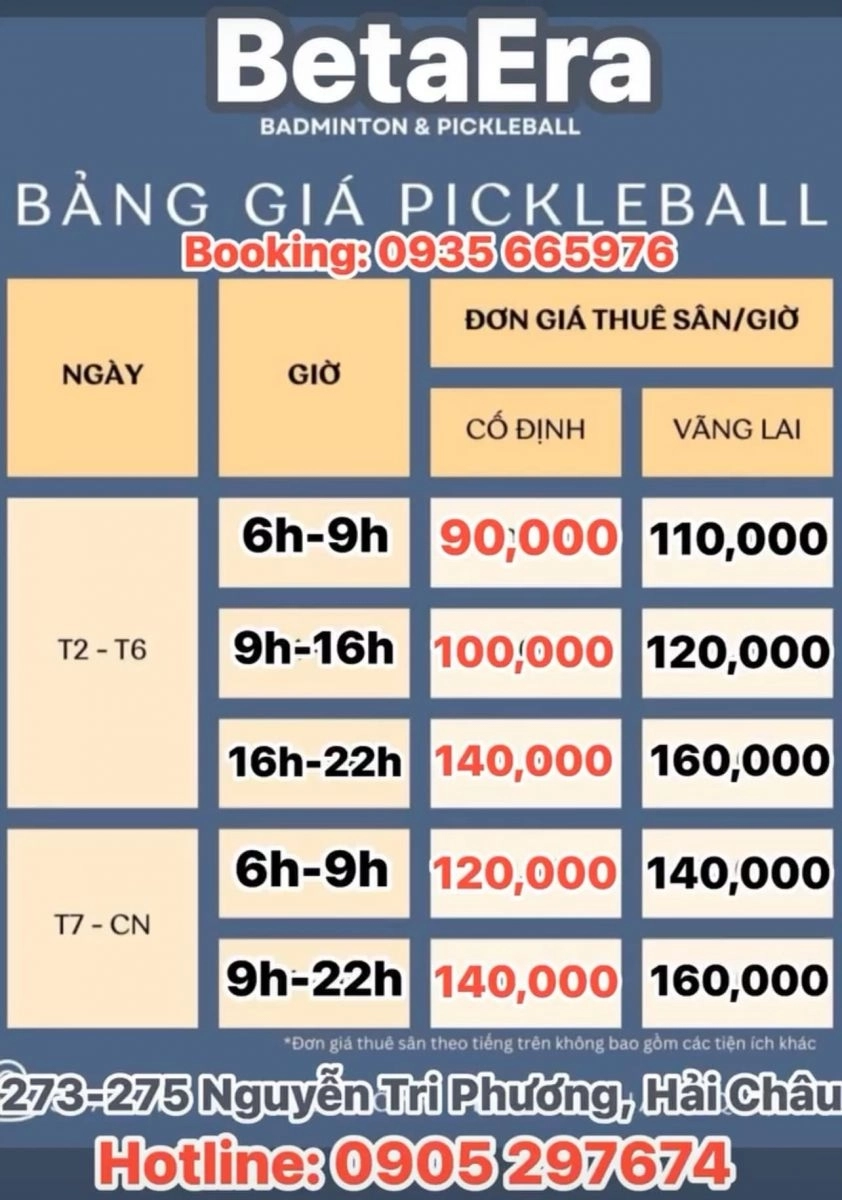 Giá thuê sân pickleball tại Betaera Badminton & Pickleball Đà Nẵng