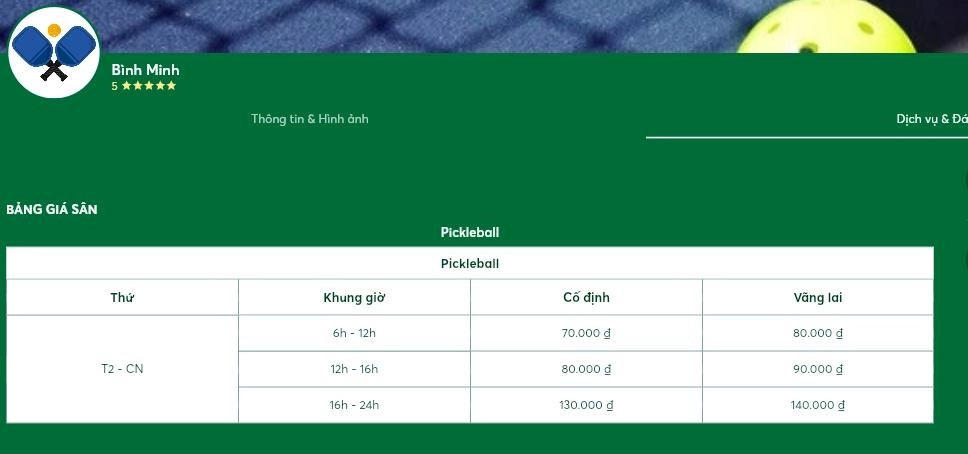 Bảng giá thuê sân pickleball Bình Minh Pickleball Hà Nội