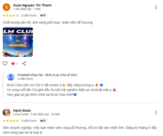Đánh giá của người chơi tại sân BLM Pickleball
