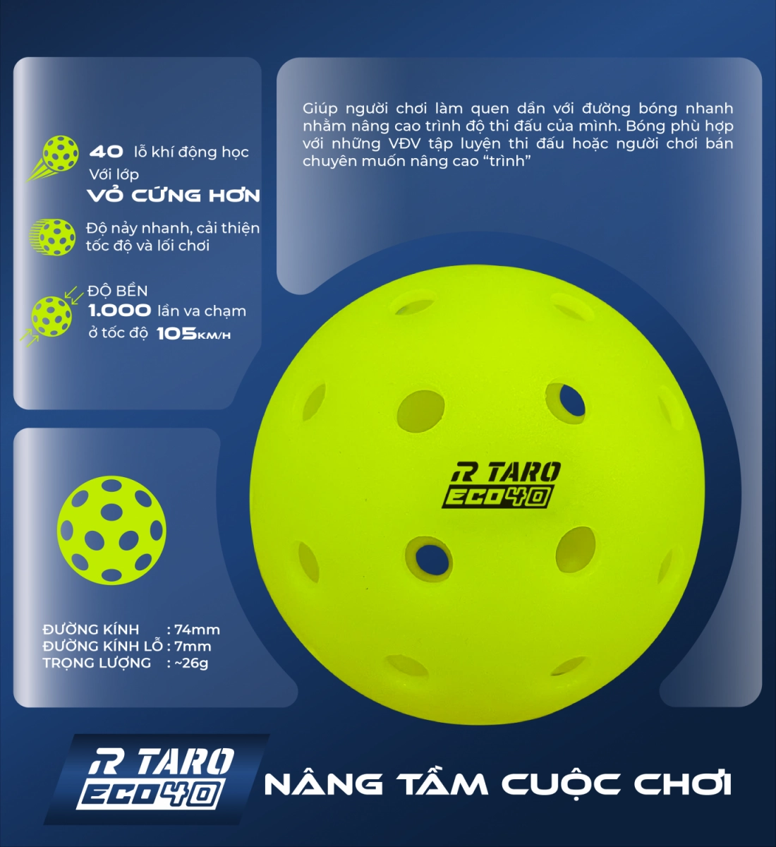 Thông số kỹ thuật của Bóng Pickleball Taro Eco 40 (Hộp 3 quả)