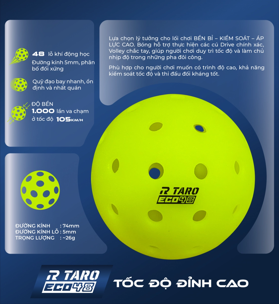Thông số kỹ thuật của Bóng Pickleball Taro Eco 48 (Hộp 3 quả)