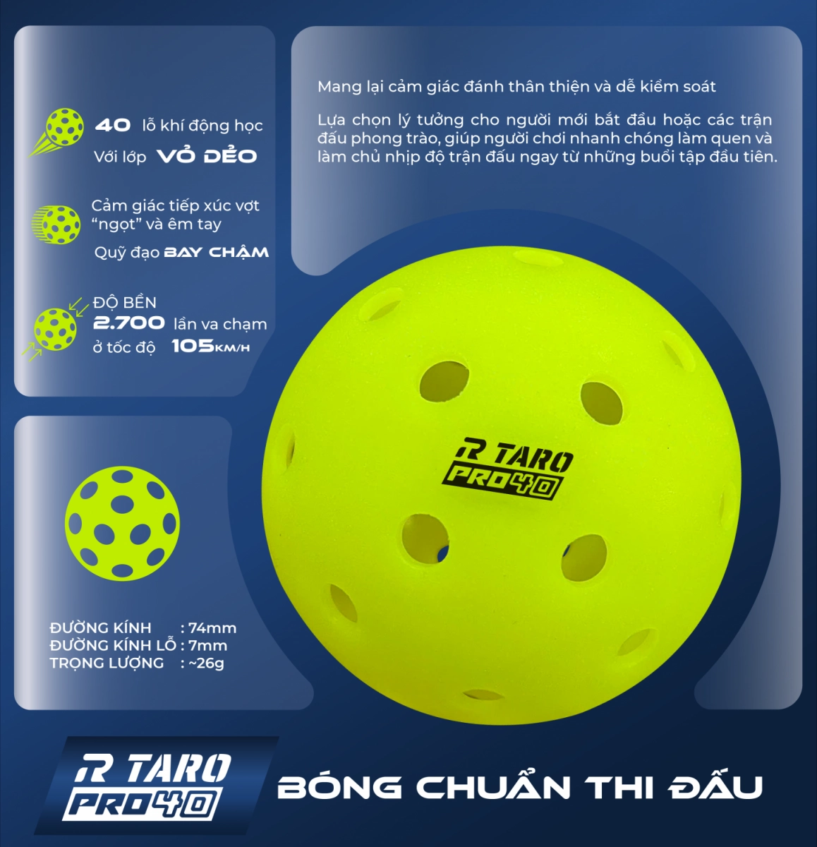 Thông số kỹ thuật của Bóng Pickleball Taro Pro 40 (Hộp 3 quả)