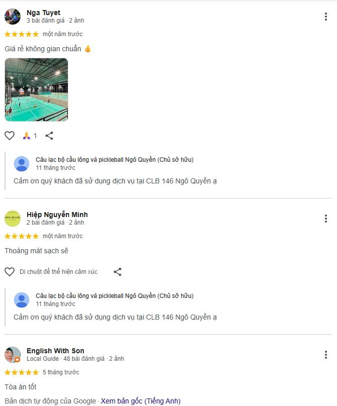 Đánh giá của người chơi tại Câu Lạc Bộ Cầu lông Và Pickleball Ngô Quyền Lâm Đồng