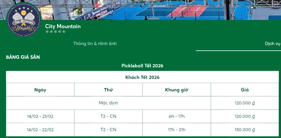 Giá thuê sân City Mountain Pickleball