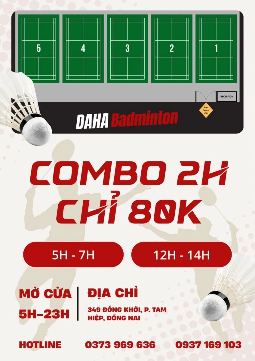Bảng giá thuê sân CLB Cầu Lông Daha Badminton Đồng Nai