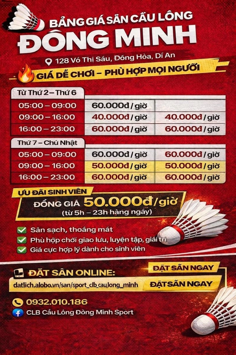 Giá thuê CLB Cầu Lông Đông Minh Sport Bình Dương