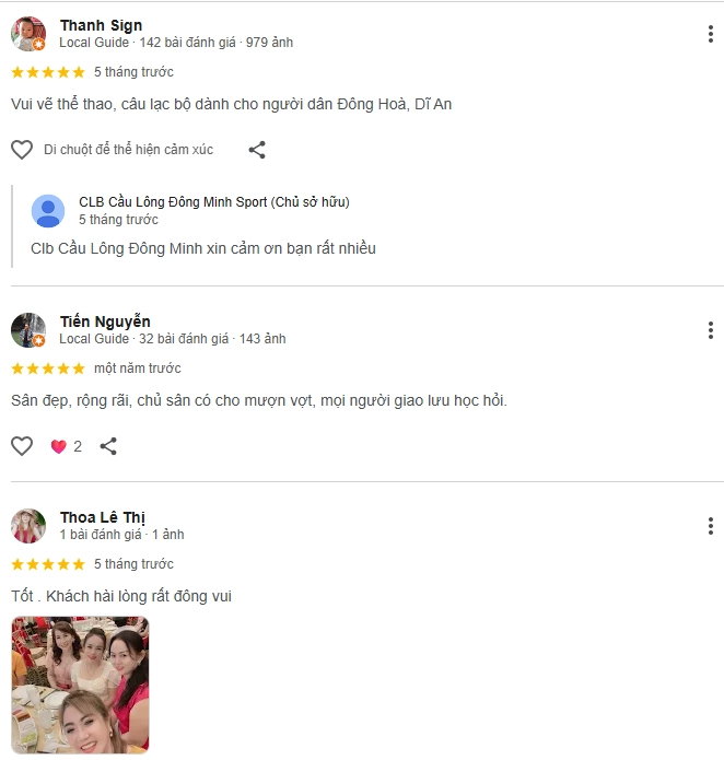 Đánh giá của người chơi tại CLB Cầu Lông Đông Minh Sport Bình Dương
