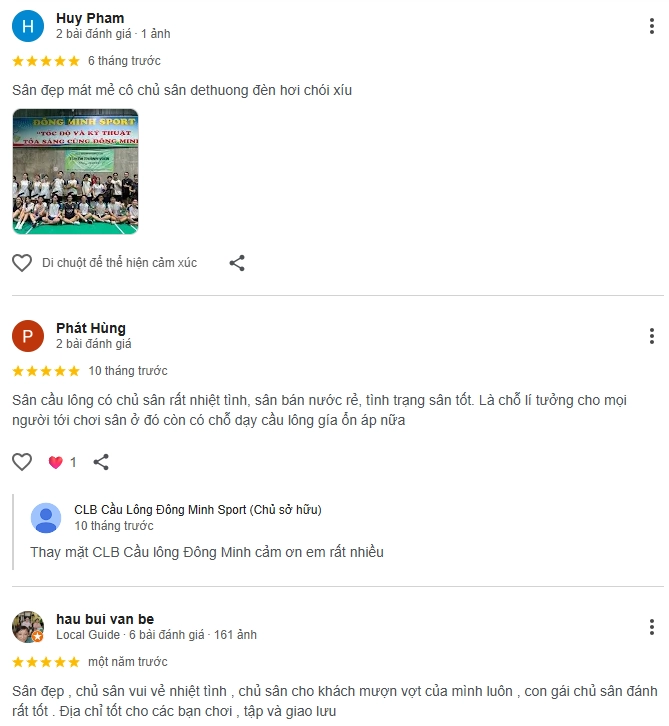 Đánh giá của người chơi tại CLB Cầu Lông Đông Minh Sport Bình Dương