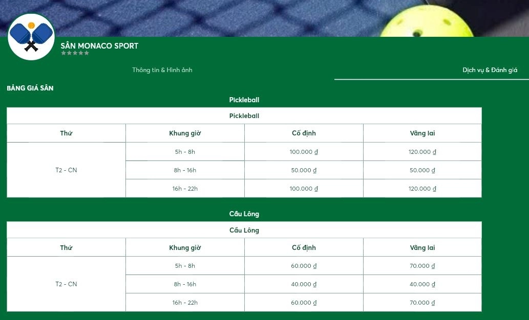 Bảng giá thuê sân clb monaco badminton