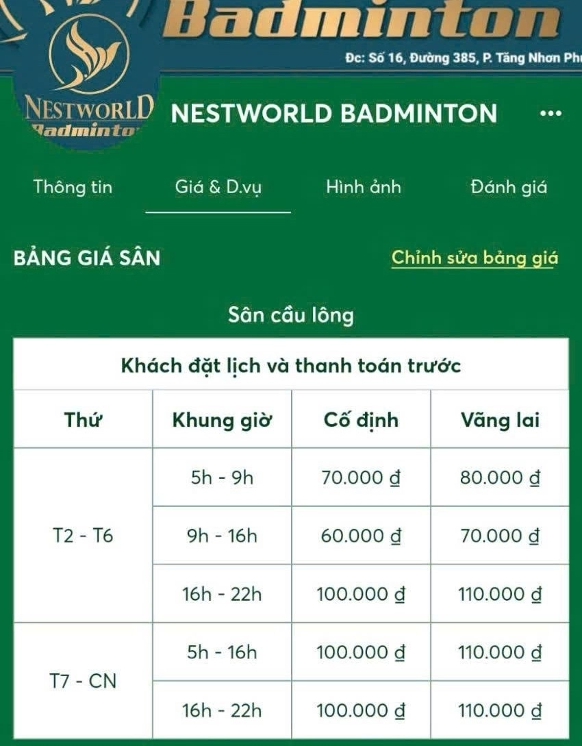 Giá thuê sân cầu lông tại CLB Nestworld Badminton & Pickleball Hồ Chí Minh