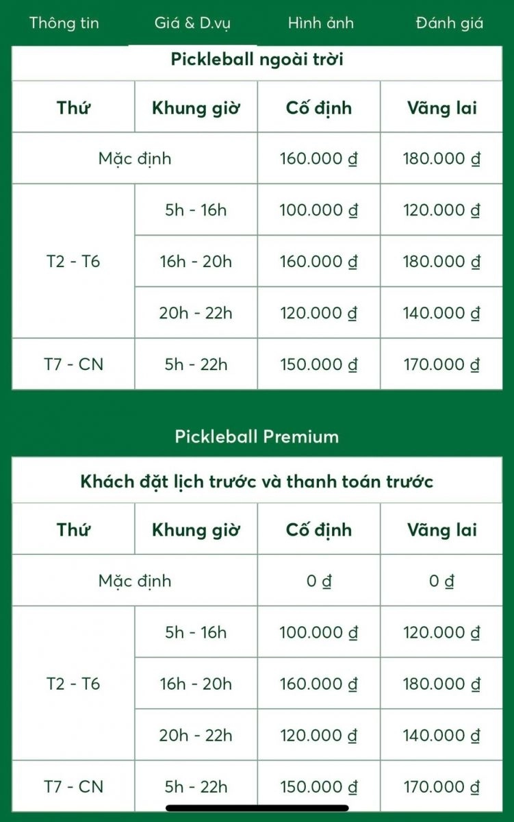 Giá thuê sân pickleball tại CLB Nestworld Badminton & Pickleball Hồ Chí Minh