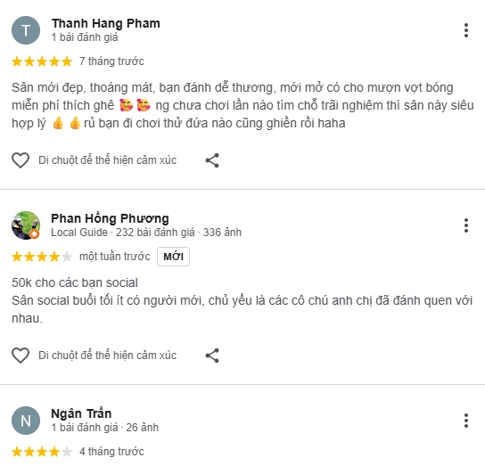 Đánh giá của người chơi tại  sân CLB Pickleball Củ Chi