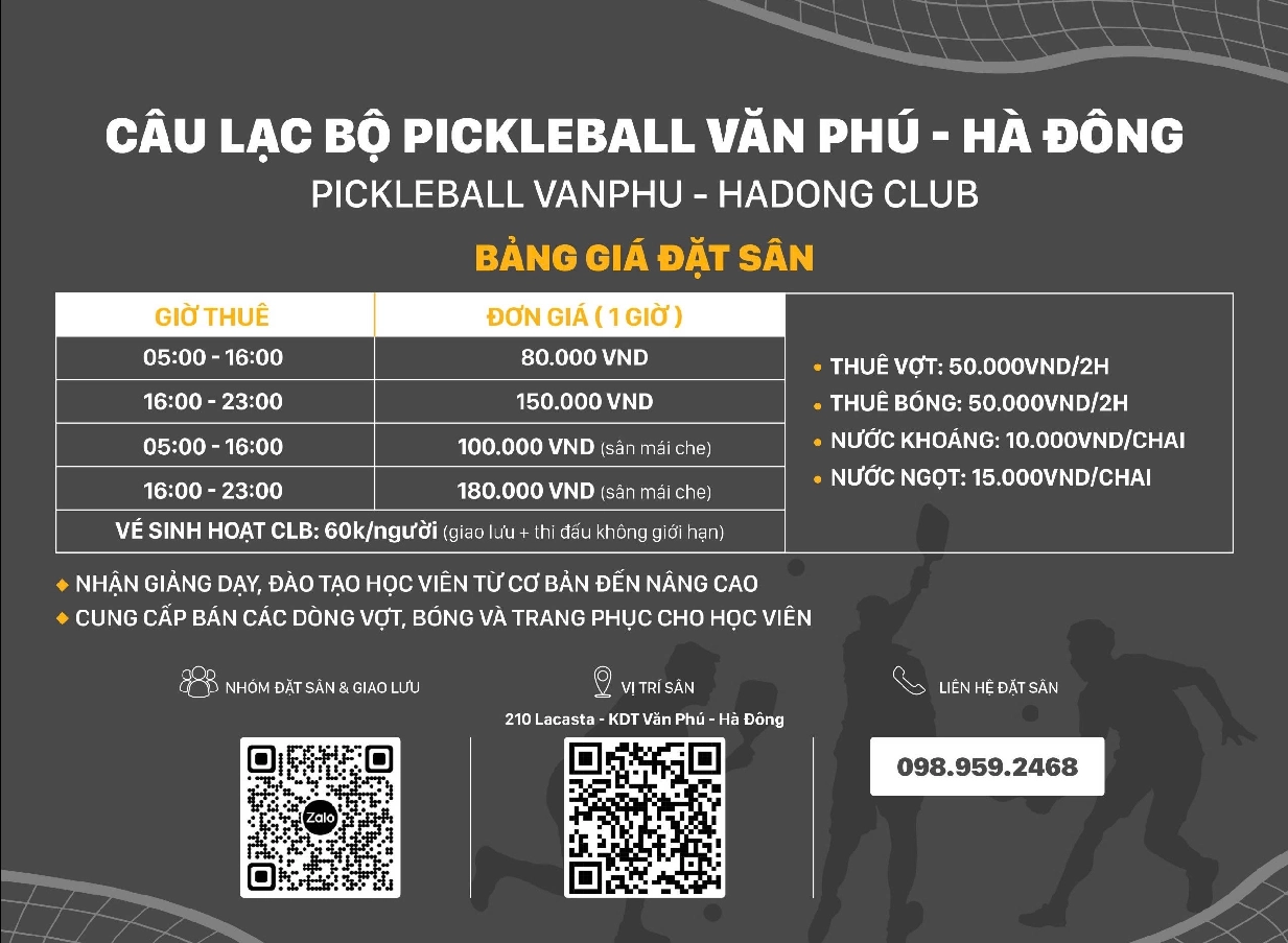 Giá thuê sân CLB Pickleball Văn Phú Hà Nội