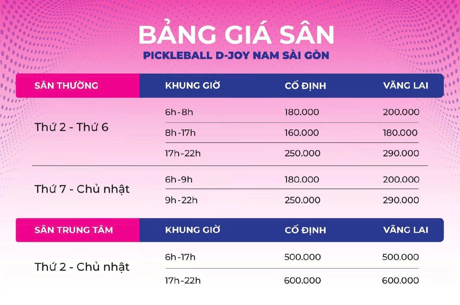 Bảng giá thuê sân D-Joy Pickleball Quận 7