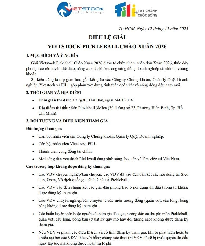 Điều lệ Giải Vietstock pickleball chào xuân 2026