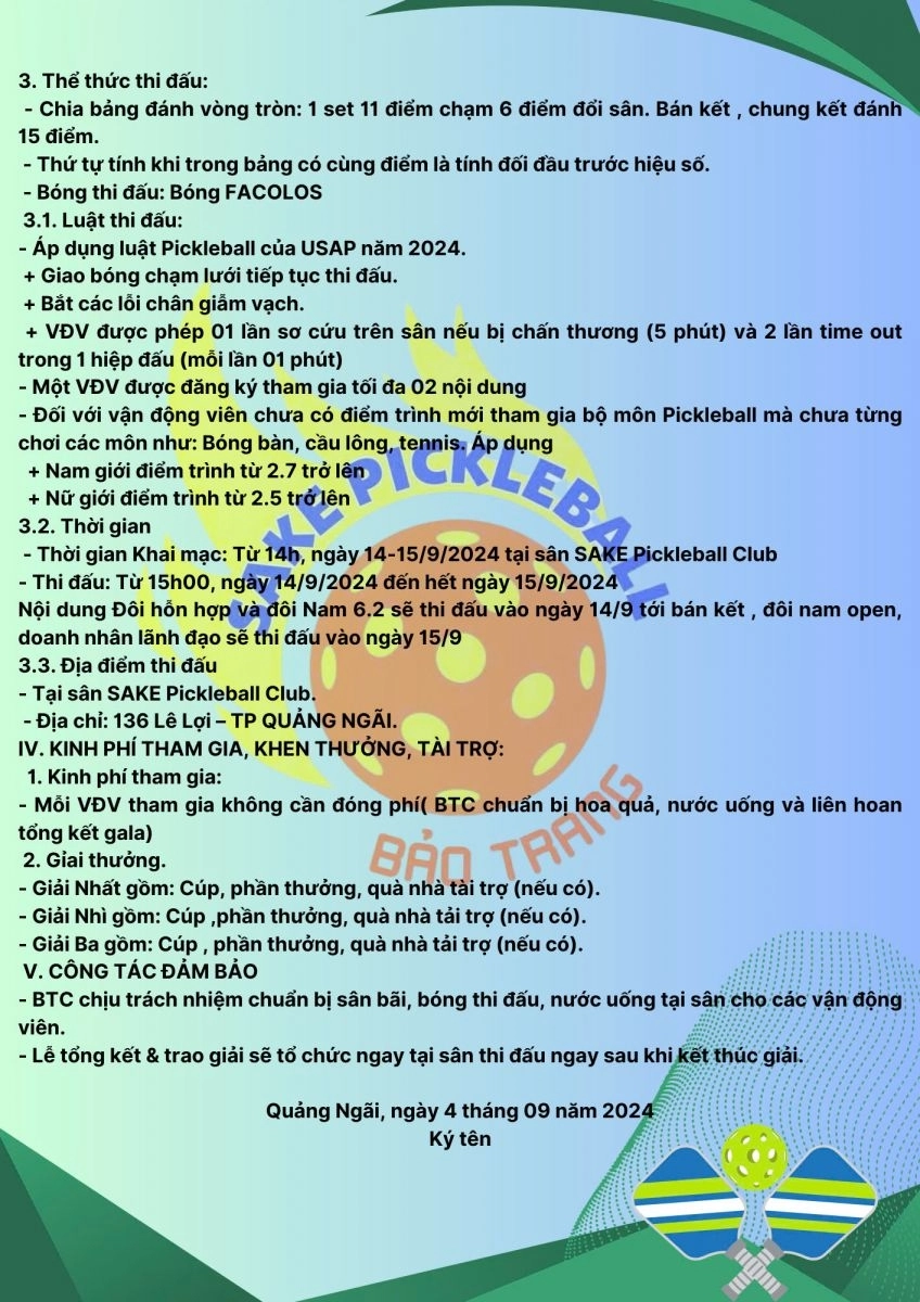 Điều lệ thi đấu giải pickleball