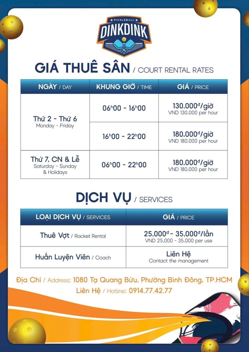 Cập nhật bảng giá thuê sân dink dink pickleball