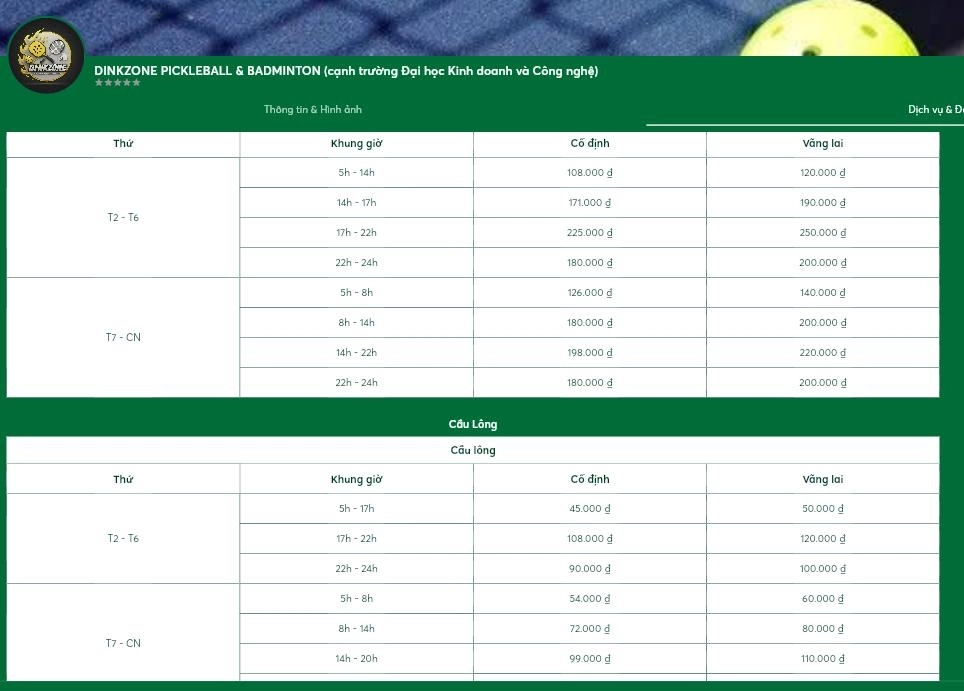 Bảng giá thuê sân DinkZone Pickleball & Badminton