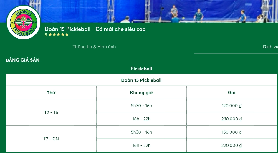 Giá thuê sân Đoàn 15 Pickleball